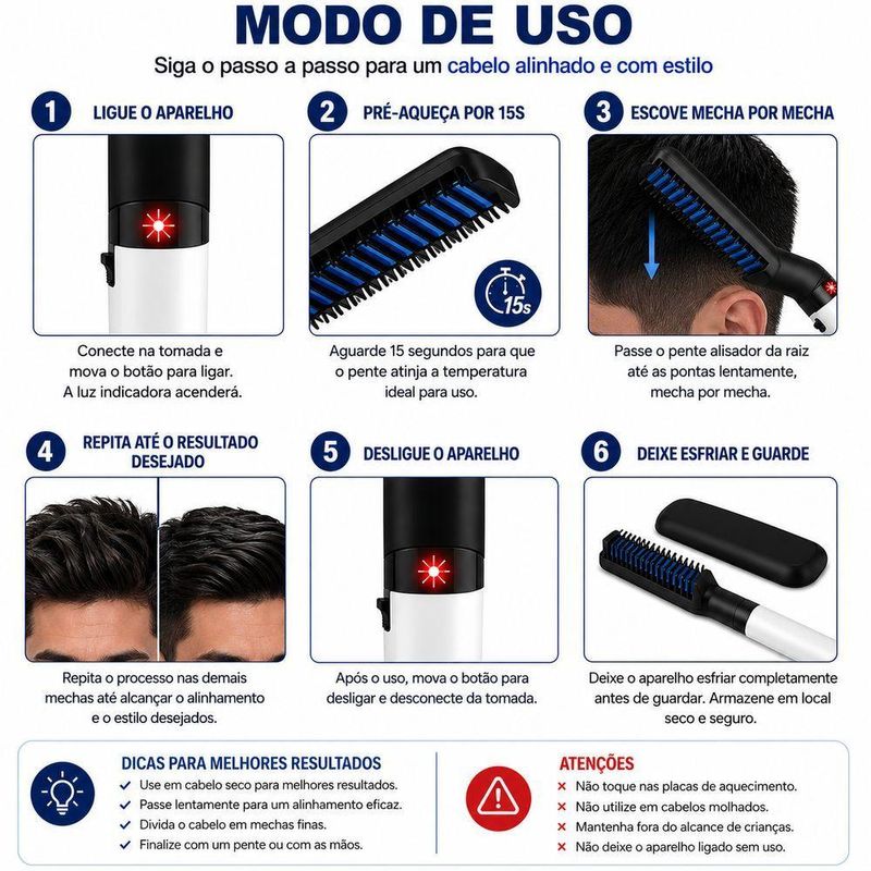 Pente Alisador de Cabelo e Barba Masculino Elétrico Cerâmica Utimix Bivolt