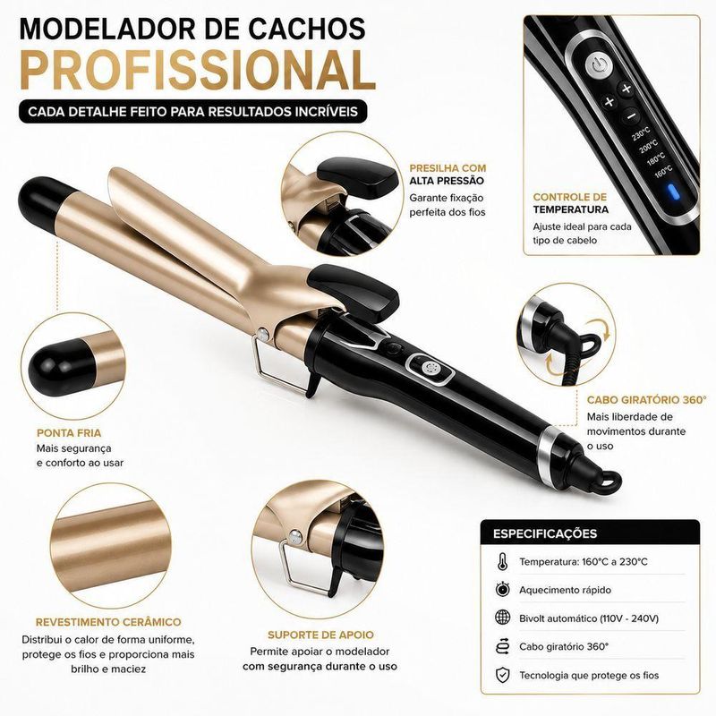 Modelador de Cachos Profissional Cerâmico Aquecimento Rápido Controle de Temperatura Utimix Bivolt