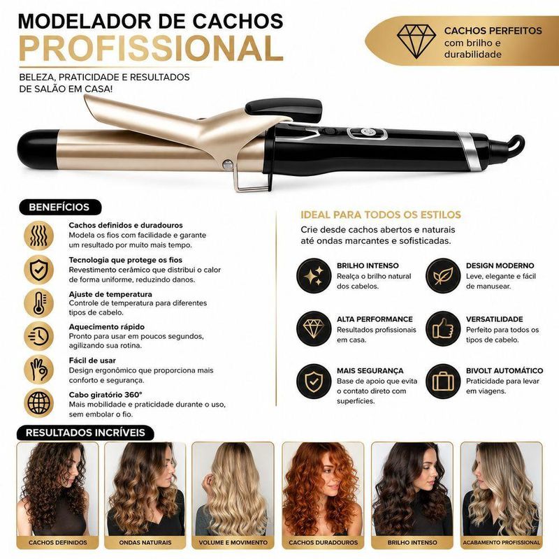 Modelador de Cachos Profissional Cerâmico Aquecimento Rápido Controle de Temperatura Utimix Bivolt