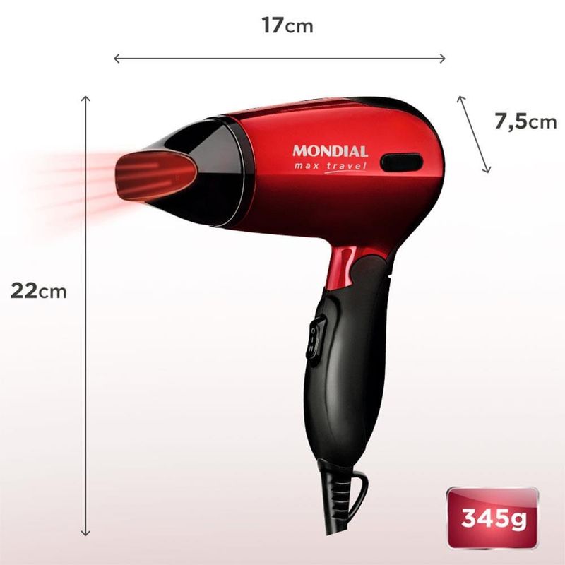 Secador de cabelos mondial max travel sc-10 1200w bivolt preto/vermelho
