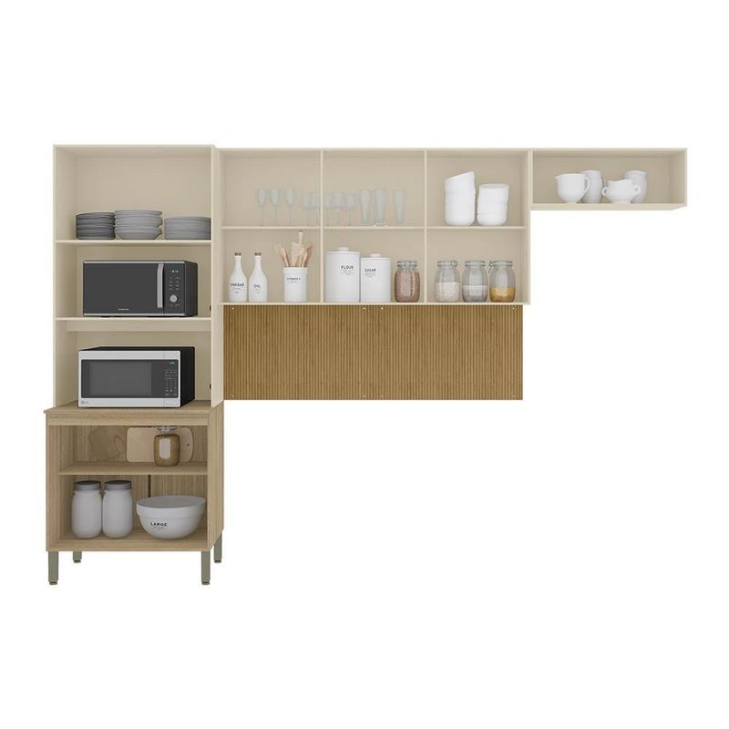 Cozinha compacta kits paraná glam 8 portas pés reguláveis painel ripado freijó vanilla
