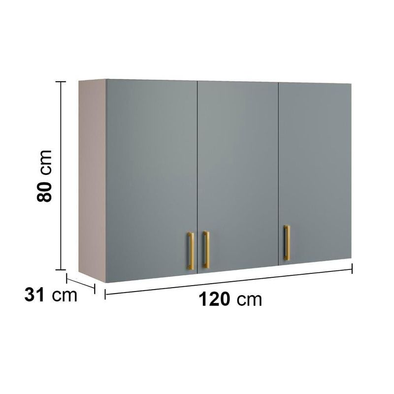 Armário aéreo triplo itatiaia essence com 3 portas, 3 prateleiras e 120 cm de largura - fendi e gris