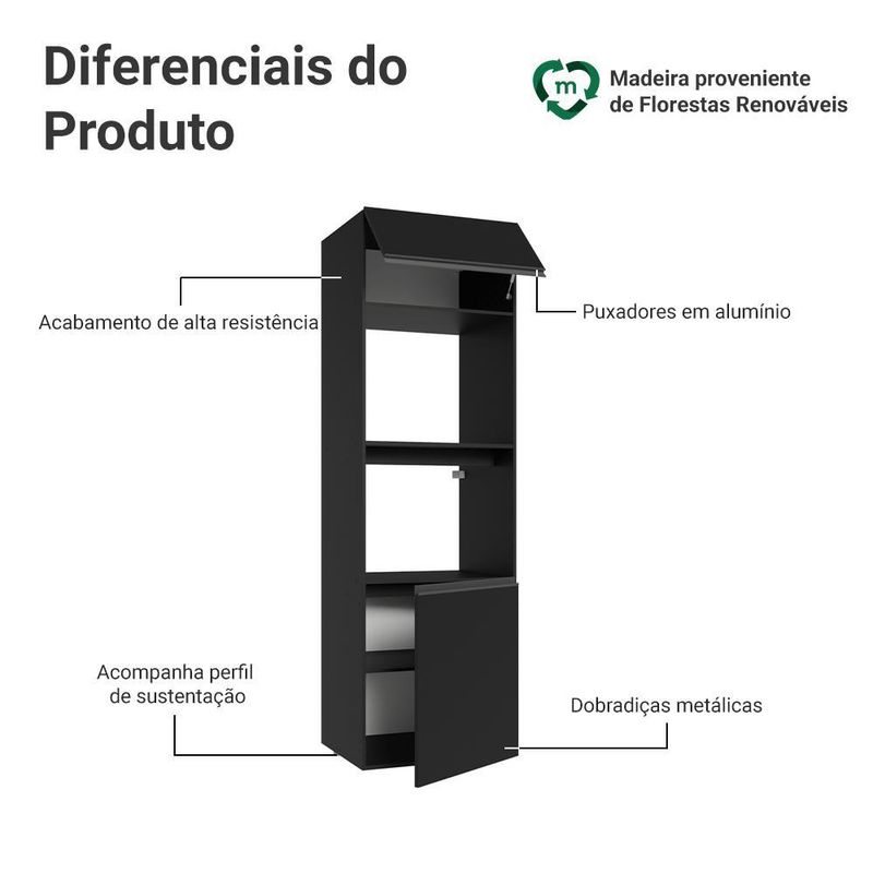 Torre quente 60 cm 2 portas 2 nichos suspenso preto nice madesa