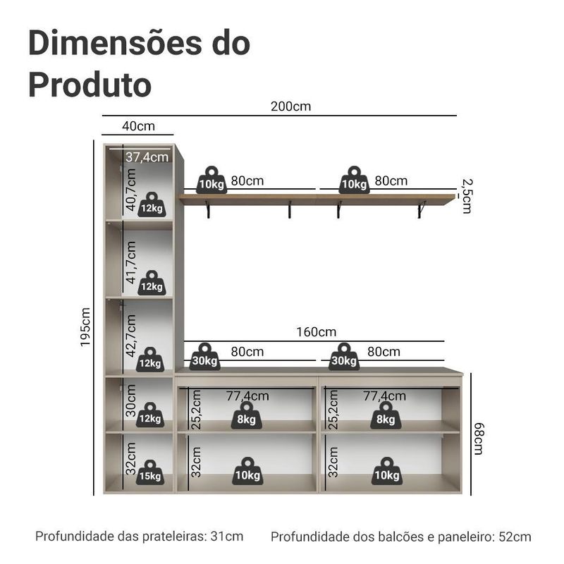 Rack suspenso para tv até 70 polegadas + prateleira 200cm nice madesa 01