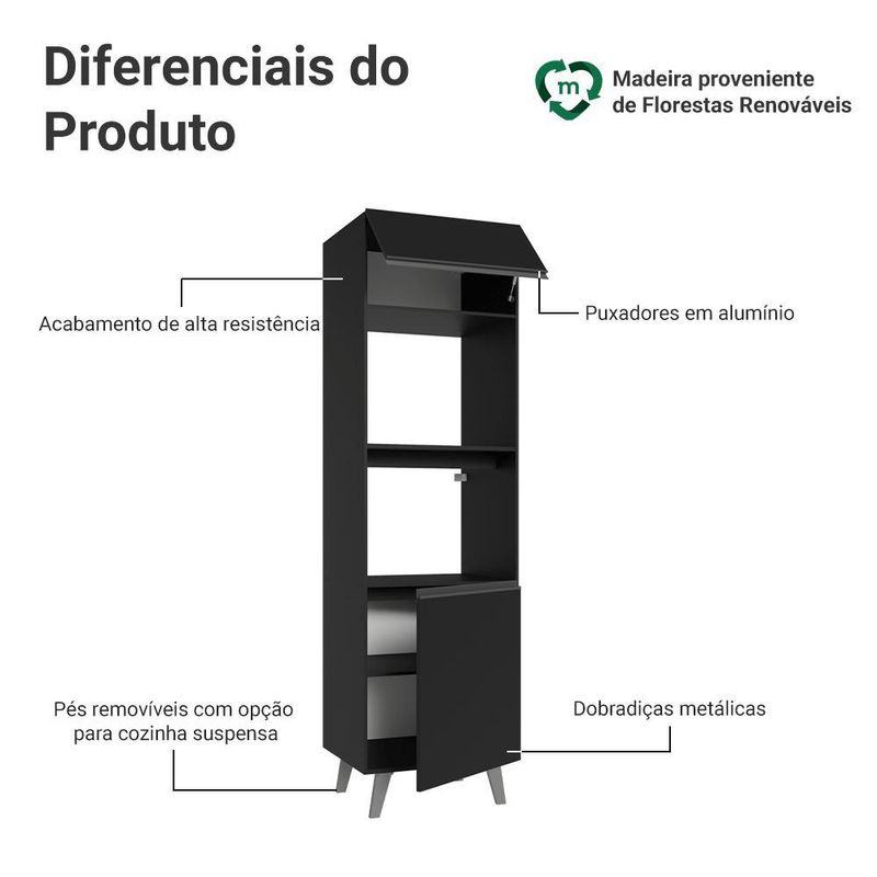 Torre quente 60 cm 2 portas 2 nichos com pés preto nice madesa