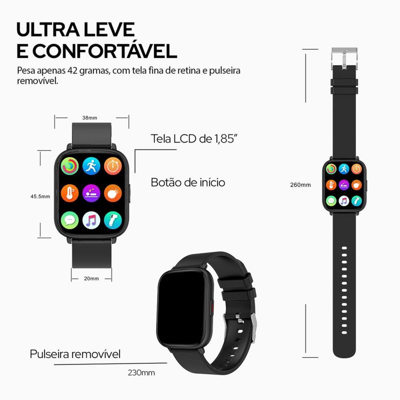Smartwatch geonav wb tela 1,85" 45mm 24 modos esportivos fitness tracker preto