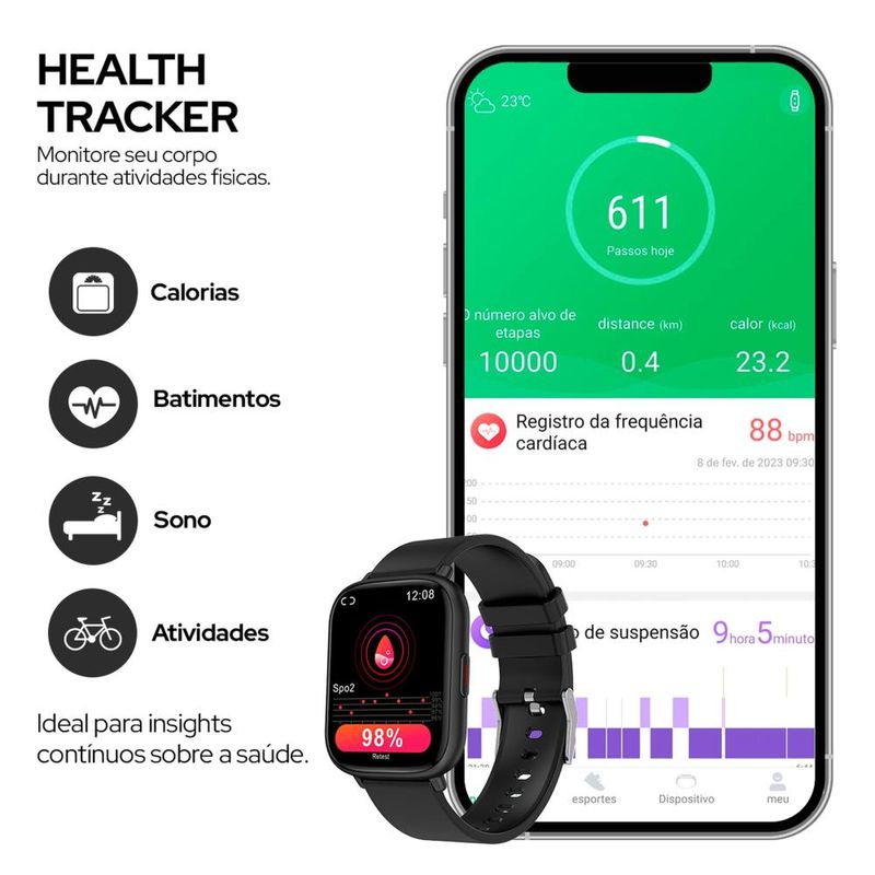 Smartwatch geonav wb tela 1,85" 45mm 24 modos esportivos fitness tracker preto