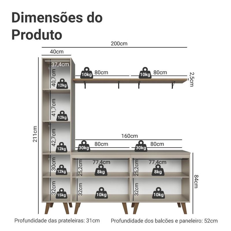 Rack para tv até 70 polegadas + prateleira 200cm nice madesa 02