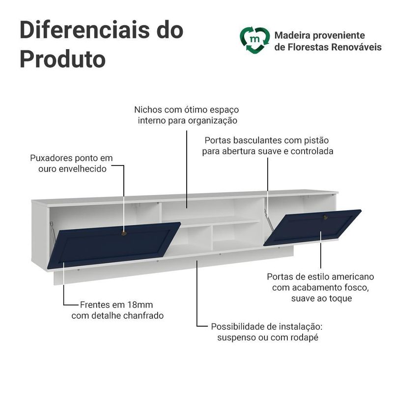 Rack suspenso para tv até 80 polegadas 218 cm 2 portas b vik madesa
