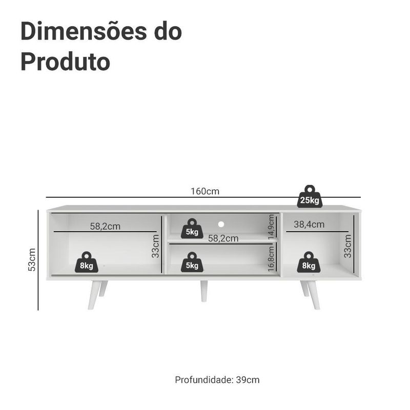 Rack para tv até 80 polegadas 160cm com pés branco torino madesa