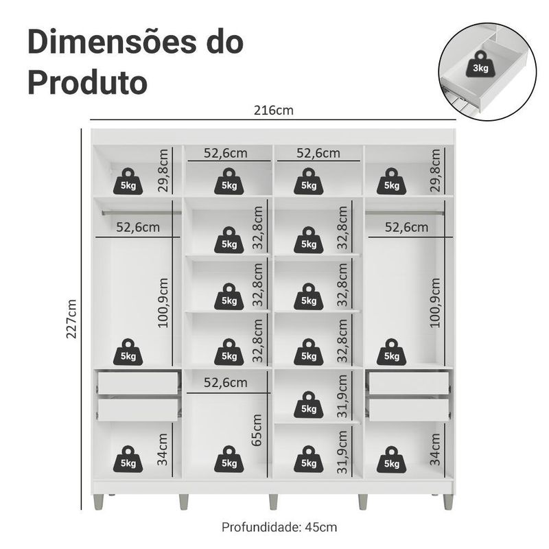 Guarda-roupa closet com pés 4 gavetas 216cm venus madesa