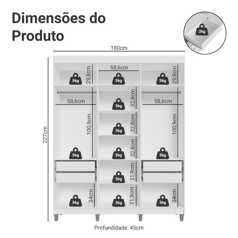 Guarda-roupa closet com pés 4 gavetas 180cm venus madesa