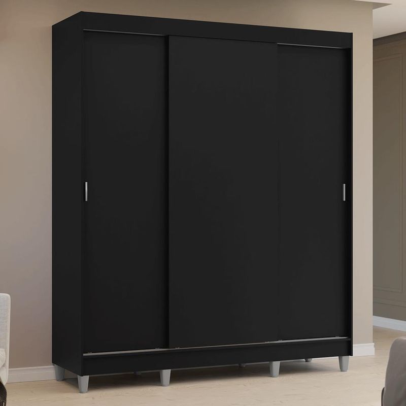 Guarda-roupa casal com pés 3 portas de correr preto reno madesa