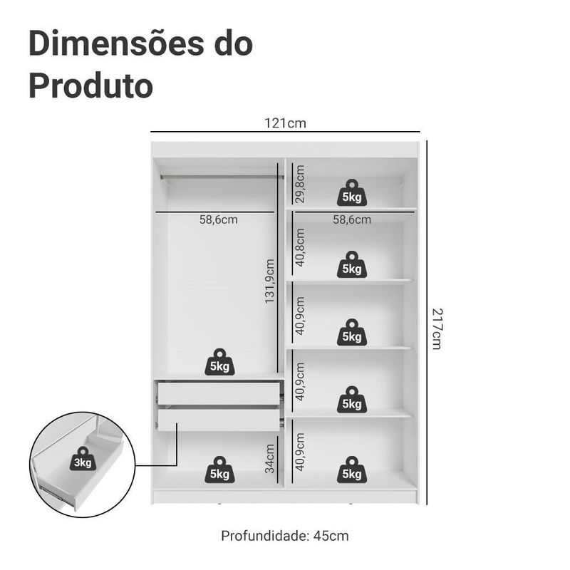 Guarda-roupa closet 2 gavetas 121 cm branco venus madesa