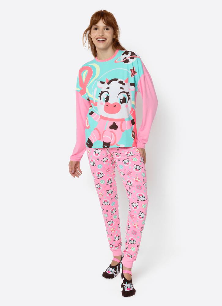Pijama manga longa viscolycra feminino vaca chocolate