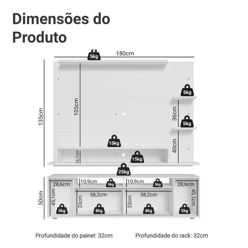 Rack com painel para tv até 60 polegadas 180 cm branco cancun madesa