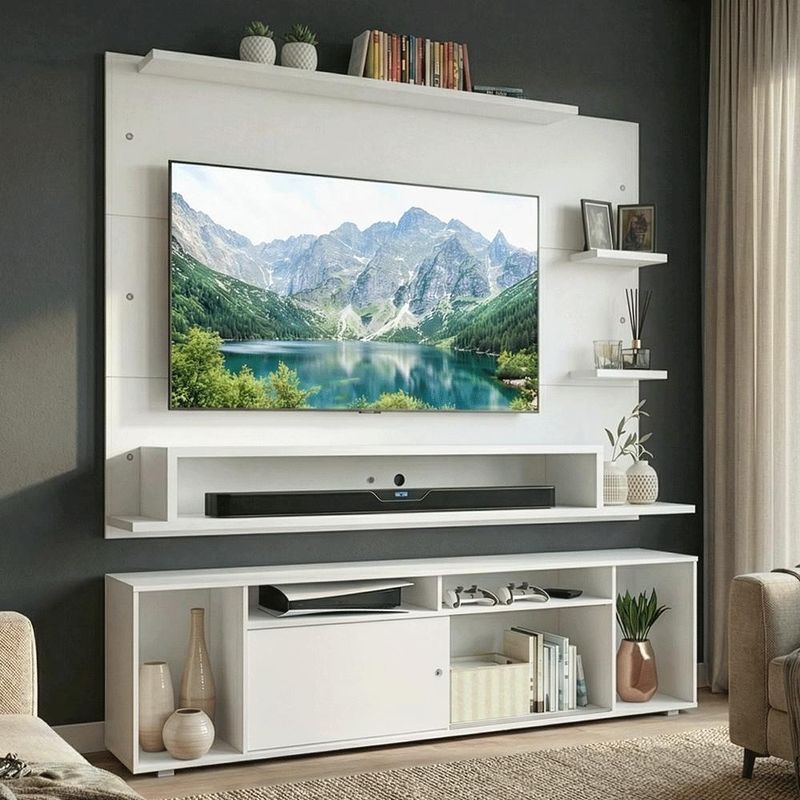 Rack com painel para tv até 60 polegadas 180 cm branco cancun madesa