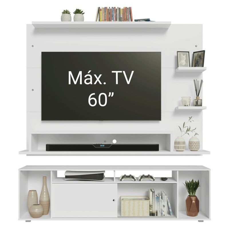 Rack com painel para tv até 60 polegadas 180 cm branco cancun madesa
