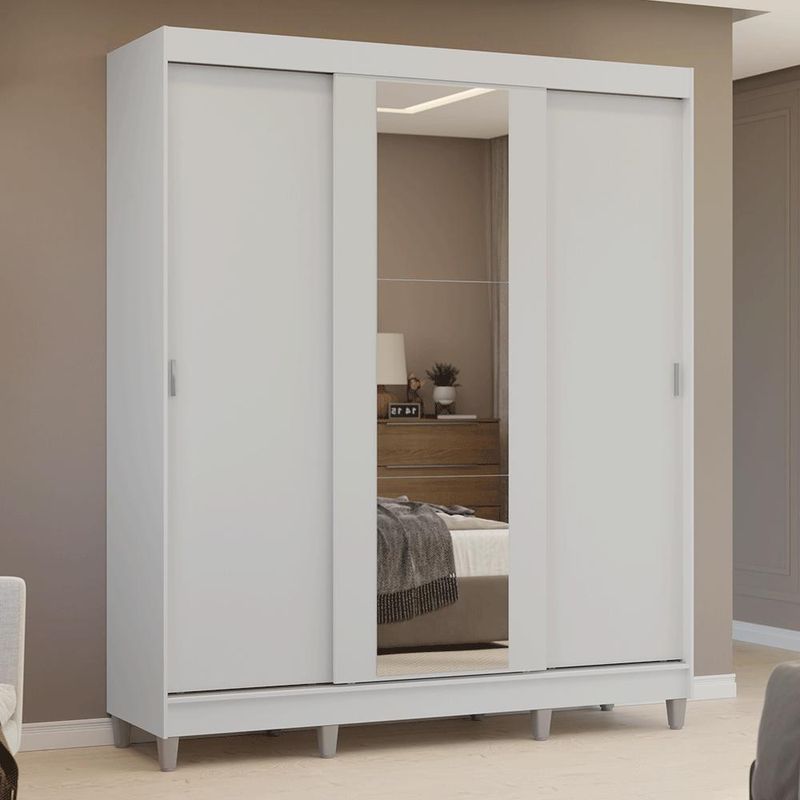 Guarda-roupa casal com pés 3 portas de correr com espelho branco reno madesa