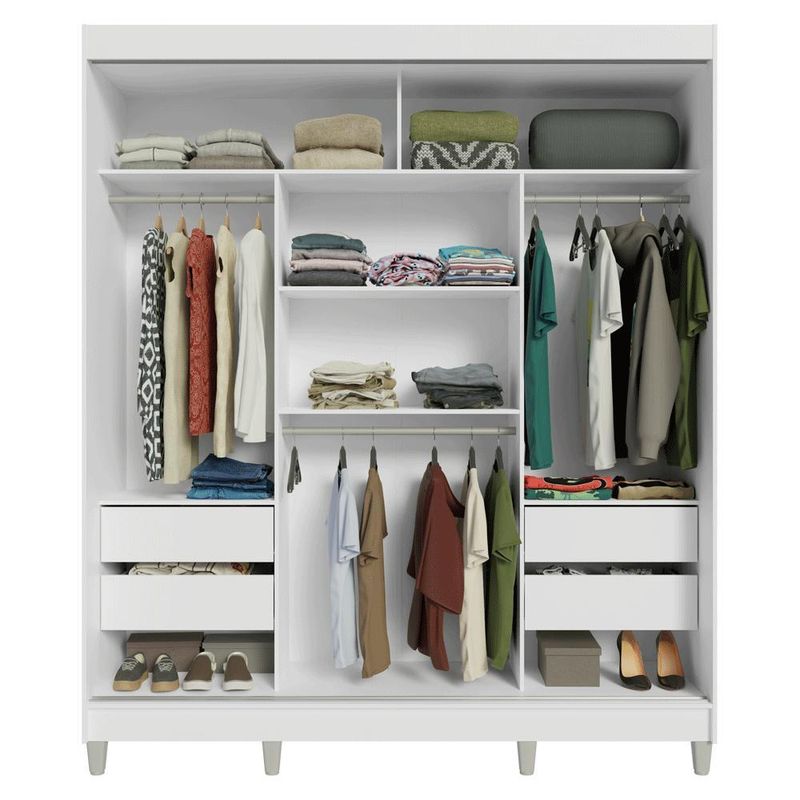 Guarda-roupa casal com pés 3 portas de correr com espelho branco reno madesa