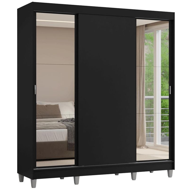 Guarda-roupa casal com pés 3 portas de correr com espelhos preto reno madesa