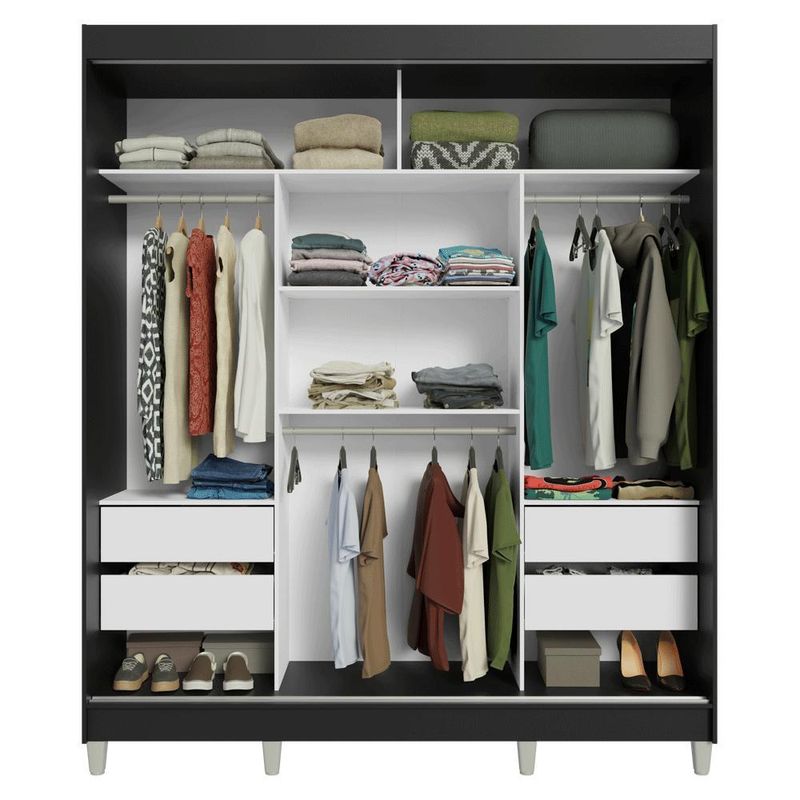 Guarda-roupa casal com pés 3 portas de correr com espelhos preto reno madesa
