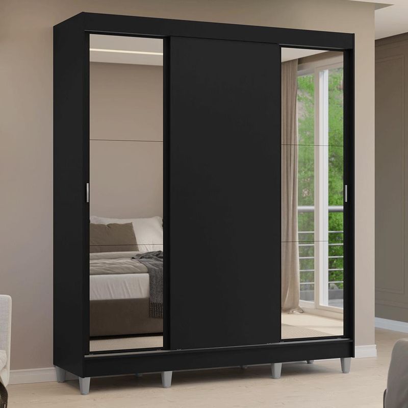 Guarda-roupa casal com pés 3 portas de correr com espelhos preto reno madesa