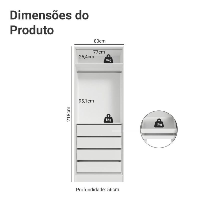 Guarda-roupa modulado 2 portas 4 gavetas 1 cabideiro branco neo madesa