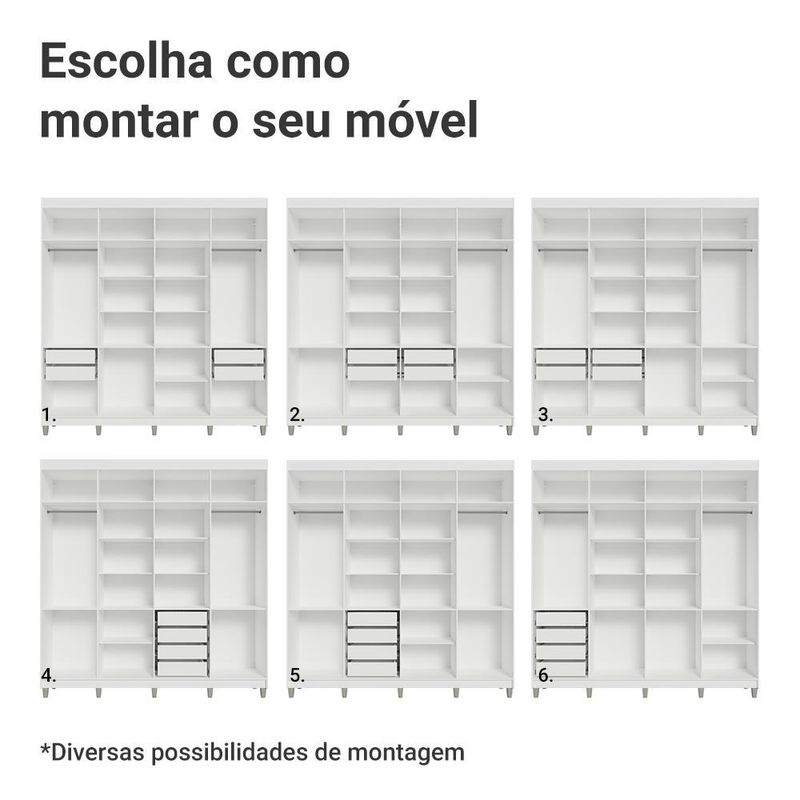 Guarda-roupa closet com pés 4 gavetas 216cm branco venus madesa