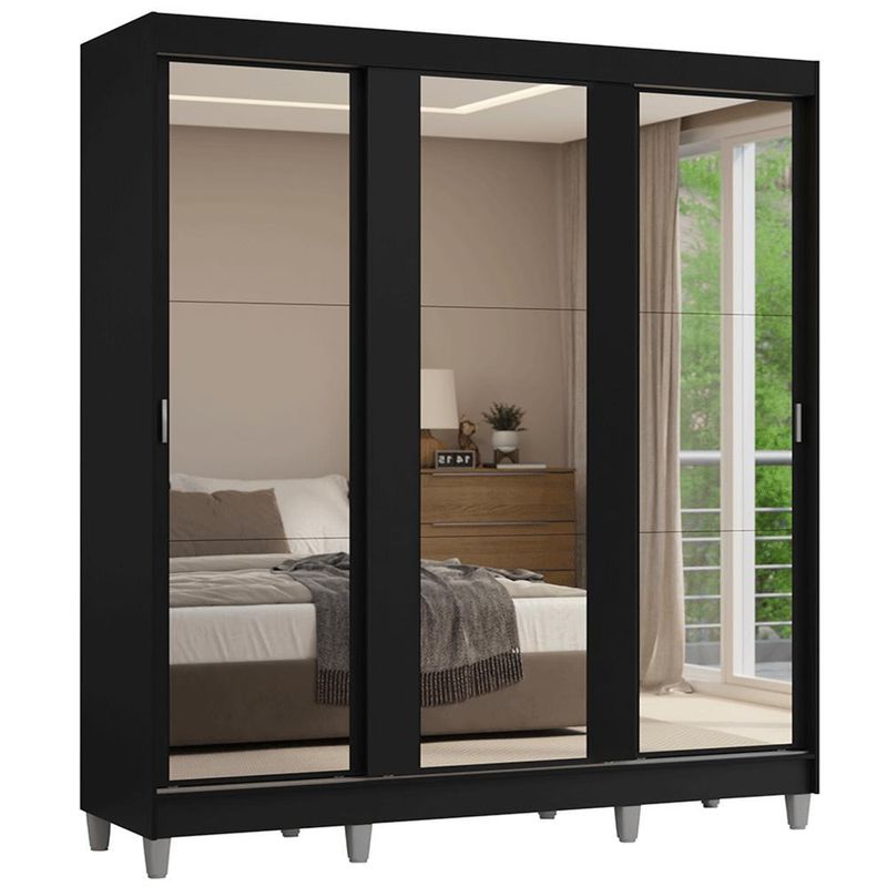 Guarda-roupa casal com pés 3 portas de correr de espelho preto reno madesa