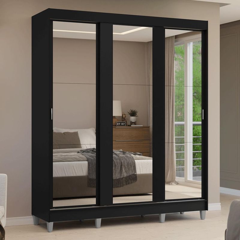 Guarda-roupa casal com pés 3 portas de correr de espelho preto reno madesa