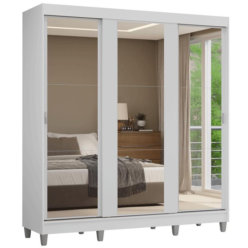 Guarda-roupa casal com pés 3 portas de correr de espelho branco reno madesa