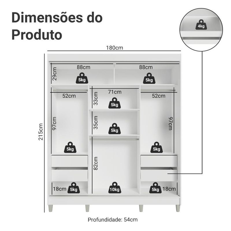 Guarda-roupa casal com pés 3 portas de correr de espelho branco reno madesa