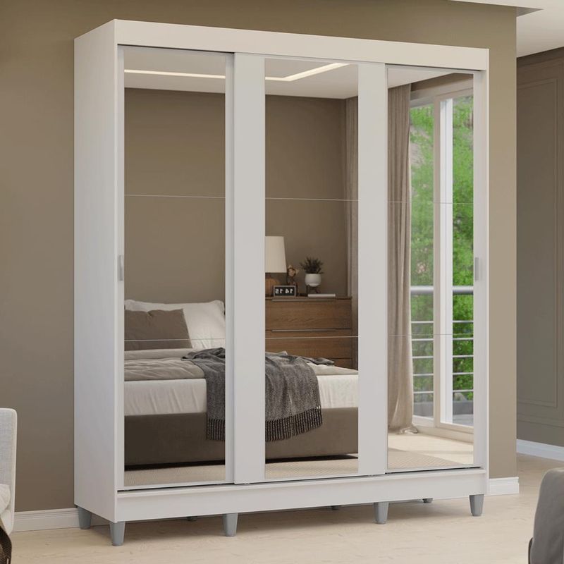 Guarda-roupa casal com pés 3 portas de correr de espelho branco reno madesa