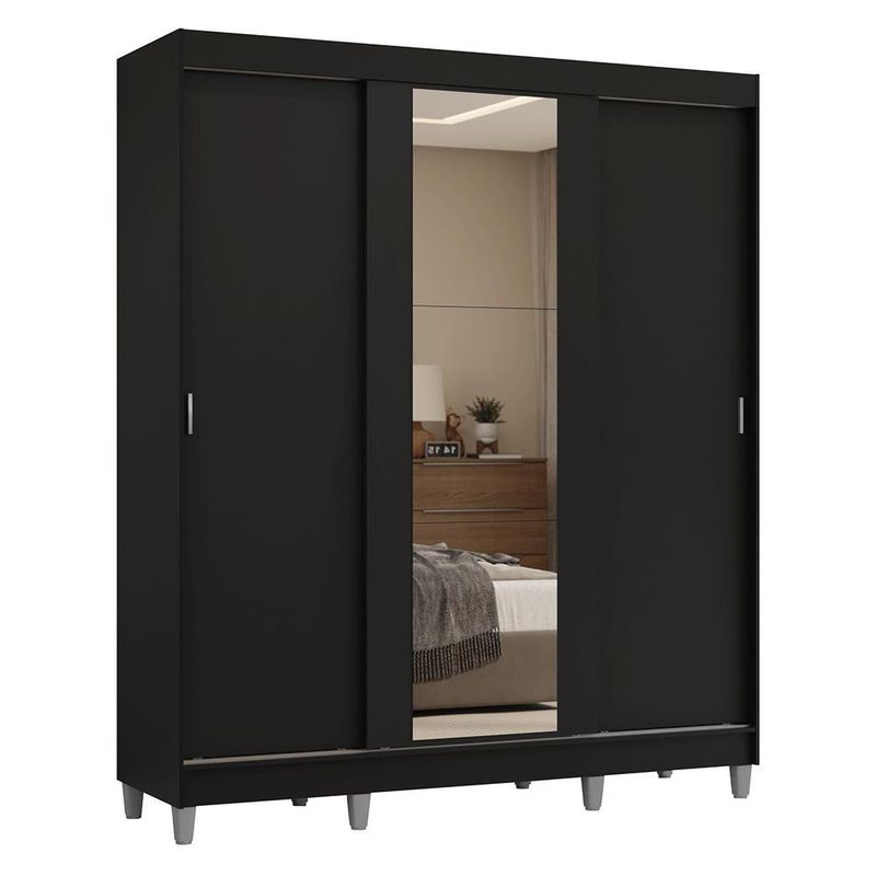 Guarda-roupa casal com pés 3 portas de correr com espelho preto reno madesa