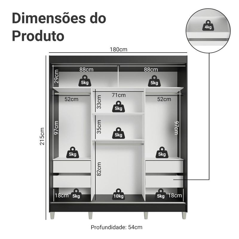 Guarda-roupa casal com pés 3 portas de correr com espelho preto reno madesa