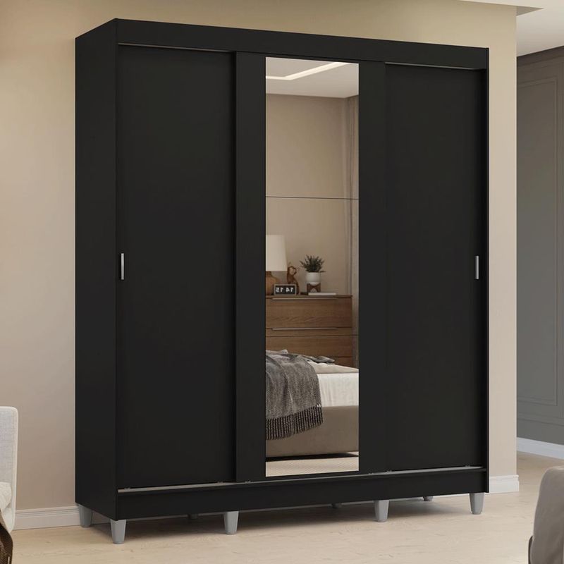 Guarda-roupa casal com pés 3 portas de correr com espelho preto reno madesa