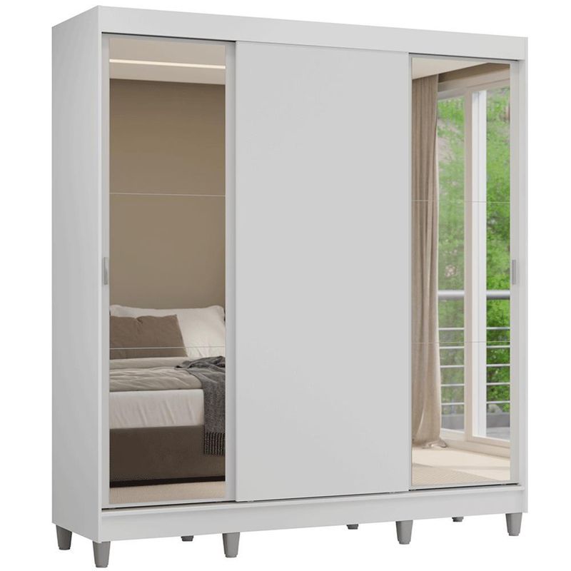 Guarda-roupa casal com pés 3 portas de correr com espelhos branco reno madesa