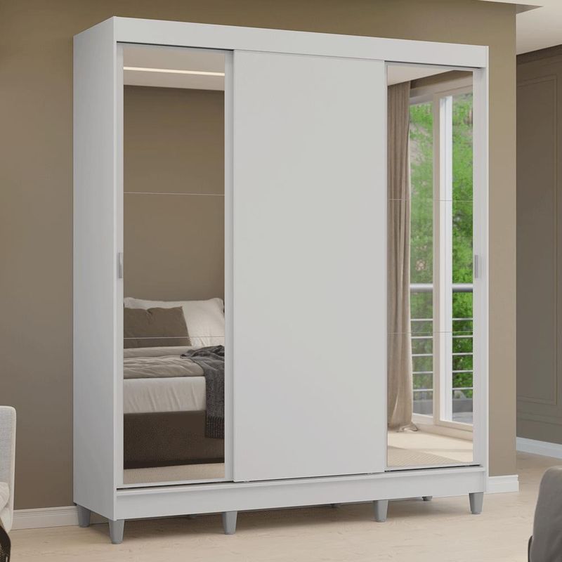 Guarda-roupa casal com pés 3 portas de correr com espelhos branco reno madesa
