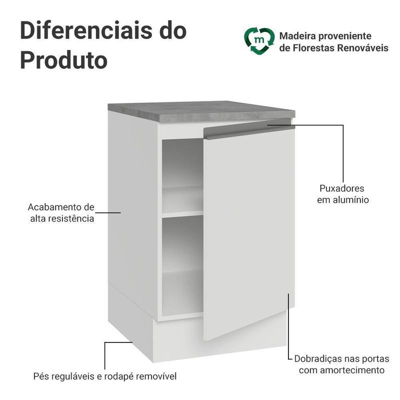 Balcão de cozinha 50cm 1 porta branco glamy madesa