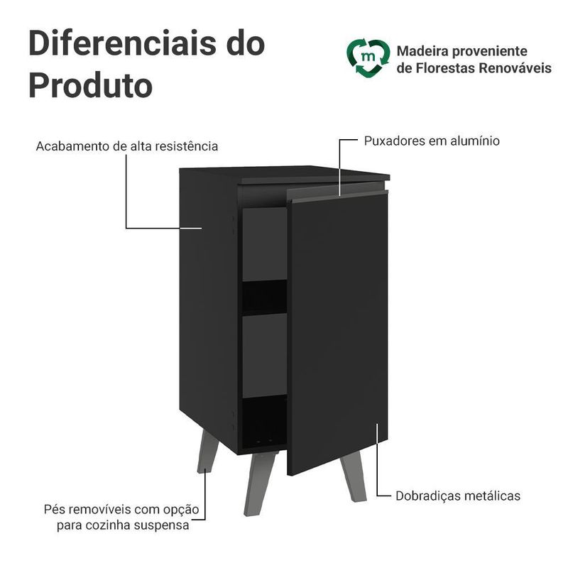 Balcão de cozinha 40 cm 1 porta com pés preto nice madesa