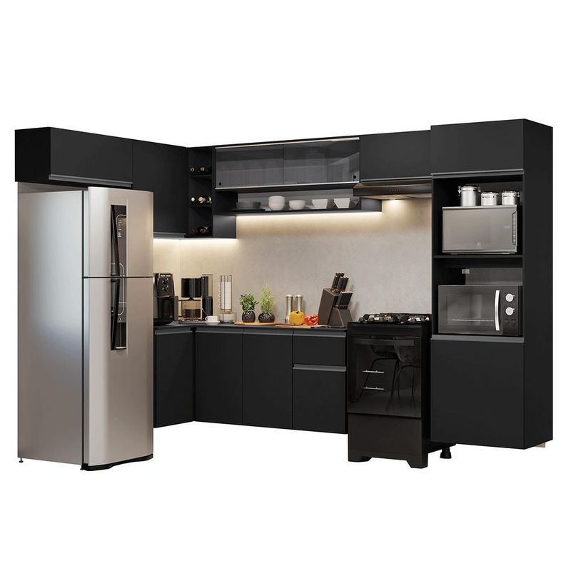 Armário de cozinha completa de canto suspenso 465 cm preto nice madesa 07