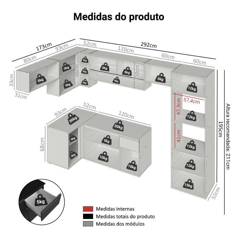 Armário de cozinha completa de canto suspenso 465 cm preto nice madesa 07