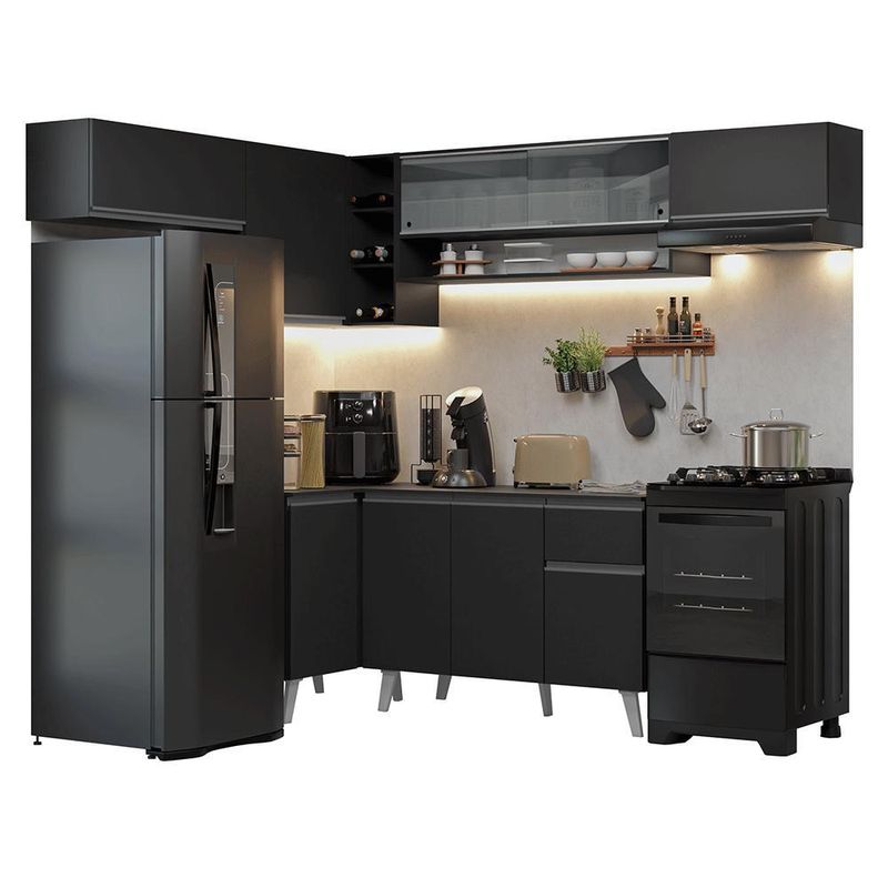 Armário de cozinha completa de canto 405 cm preto nice madesa 06