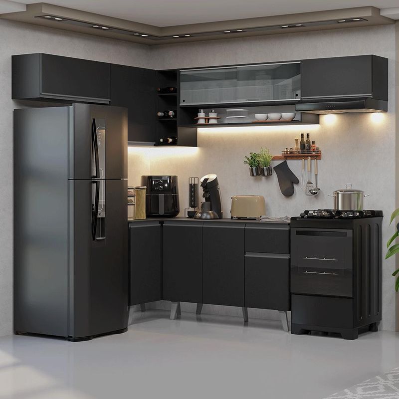 Armário de cozinha completa de canto 405 cm preto nice madesa 06