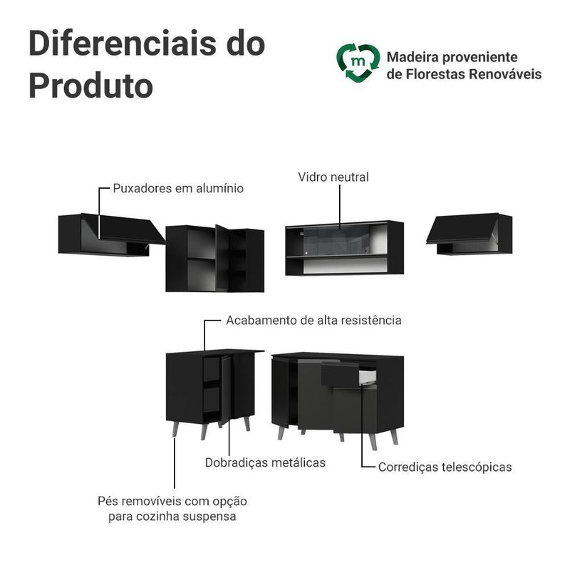 Armário de cozinha completa de canto 405 cm preto nice madesa 06