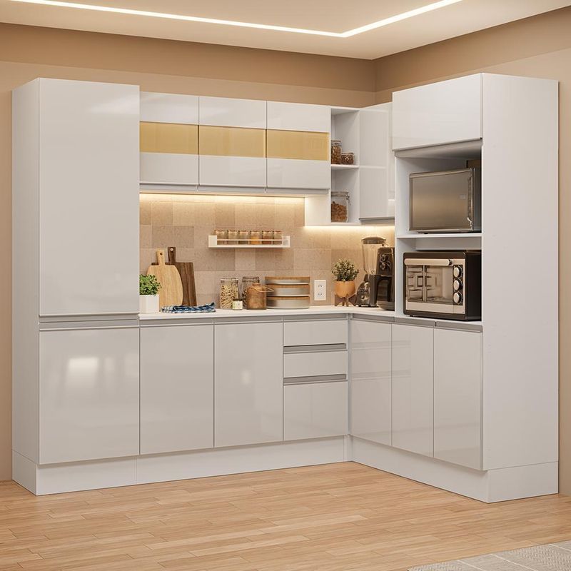 Armário de cozinha completa de canto 100% mdf 377cm smart branco brilhante madesa 01