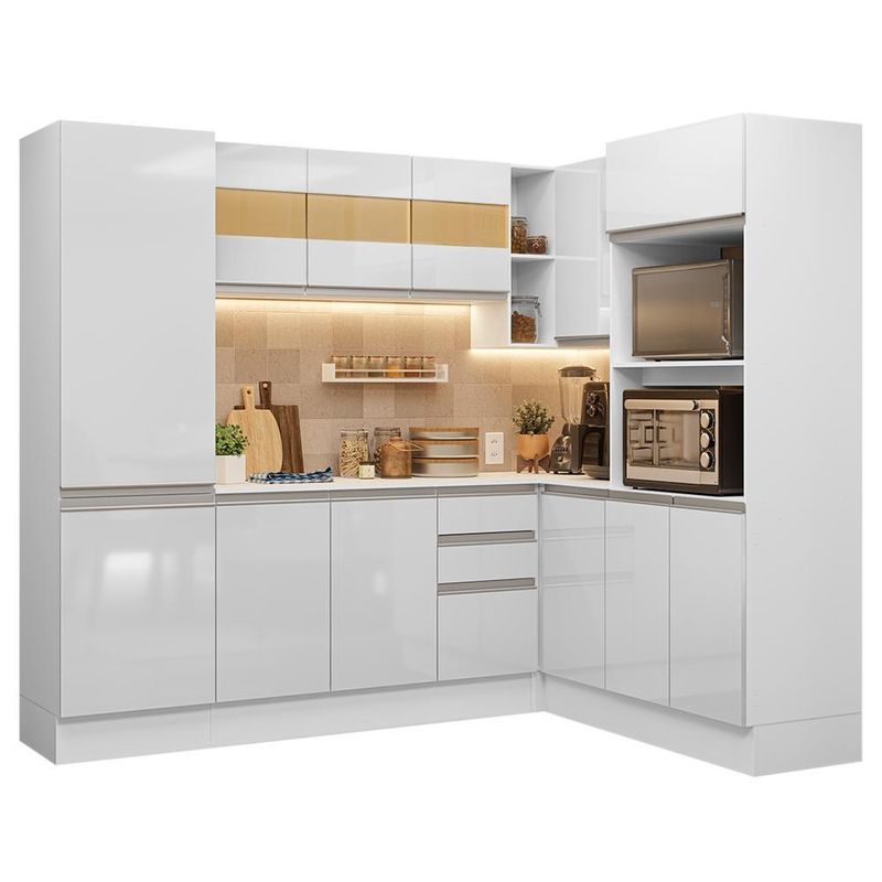 Armário de cozinha completa de canto 100% mdf 377cm smart branco brilhante madesa 01
