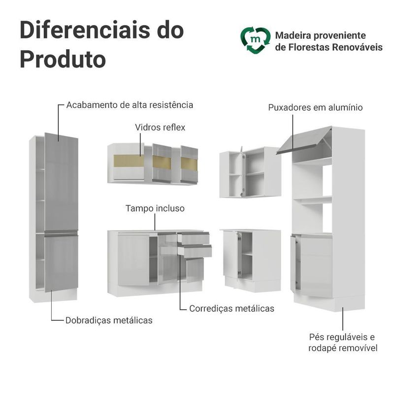 Armário de cozinha completa de canto 100% mdf 377cm smart branco brilhante madesa 01