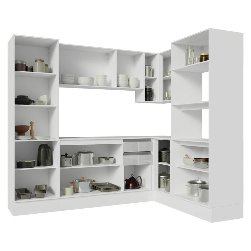 Armário de cozinha completa de canto 100% mdf 377cm smart branco brilhante madesa 01